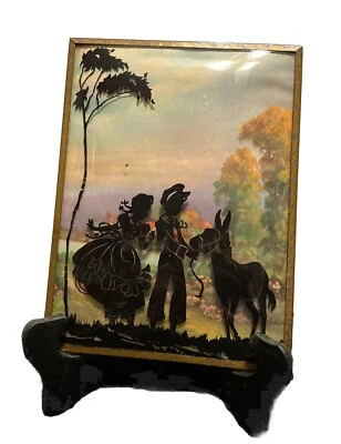 Antique Silhouette Convex Bubble Glass Dutch Children And Donkey 6x8 Framed - Изображение 1 из 4