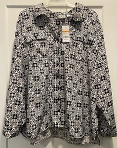 Kim Rogers Curvy Button-Down Roll-Tab Sleeve Blouse 3X Black/White Geometric - Picture 1 of 7