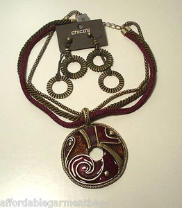 Chico's Vintage Moreau Enameled Pendant Necklace Bronze Disc Dangle Earrings Set - Picture 1 of 4