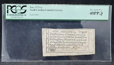 Fr. NC-135 Dec, 1771,  1 ONE Shilling NC Colonial Currency, PCGS 40PPQ - Image 1 of 2