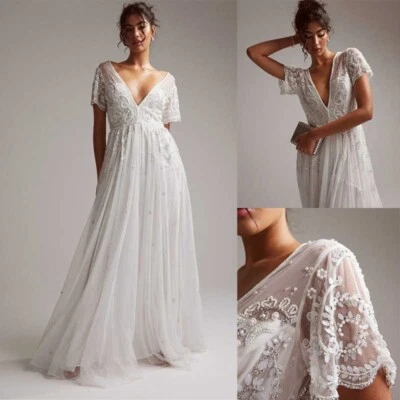Boho Brautkleid Hochzeitskleid Kurzarm V-Ausschnitt Weiß Ivory Maßgeschneidert - Bild 1 von 4