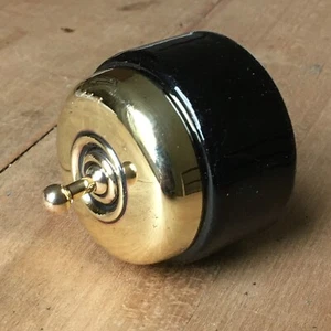 Antique Dolly Light Switch Toggle Round Brass & Ceramic Black ORIGINAL OLD - Picture 1 of 6