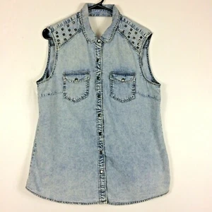 Allen B Schwartz Western Snap Shirt Top Blouse Sleeveless Back Cut Out Studded L - Picture 1 of 12