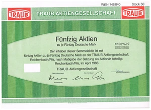 Traub AG Aktien 2.500 DM mit Coupons ! - Bild 1 von 2