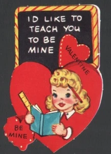 UnUsed Vintage Valentines Card Cute Blond w/ RULER & Book I'd Like to TEACH You - Picture 1 of 2