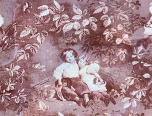Rustic Rose Red Outline Toile Look Children with Puppies Fabric 5yds  34” X 44” - Picture 1 of 4