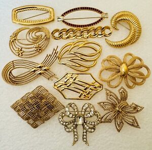 Lot of 12 ~ All Monet Bows + Vintage Ribbons & Swirls ~ Rhinestones Pin Brooch