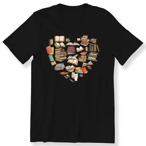 Book Heart Men's Ladies T-shirt Book Lovers Book Addict Librarian Trendy T-shirt - Picture 1 of 19