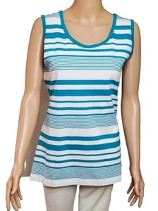 Christine Alexander L Tank Top Nautical Stripe Turquoise Cotton Stretch Beach - Picture 1 of 5