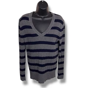 XL Y2K Tommy Hilfiger Grey Blue Striped Long Sleeve Vneck Sweater Womens Cotton - Picture 1 of 14