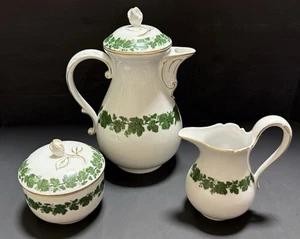Antiguo juego de cafetera y azúcar y crema alemana Meissen fina china hiedra verde - Imagen 1 de 21