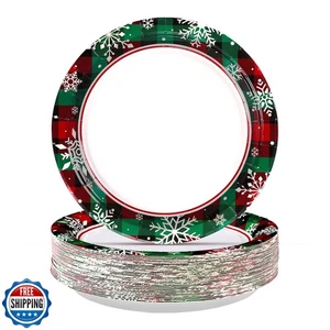 50 Pcs Christmas Buffalo Plaid Snowflake Paper Plates 9" Red and  - Picture 1 of 5