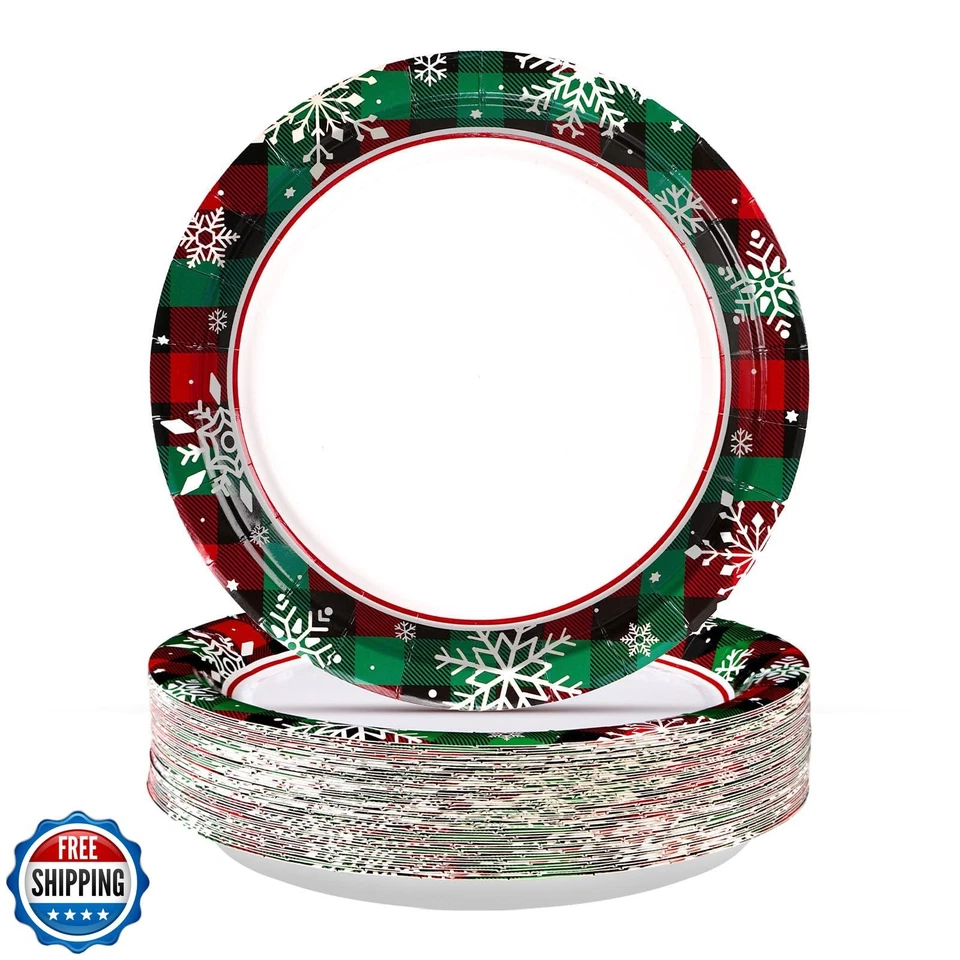 50 Pcs Christmas Buffalo Plaid Snowflake Paper Plates 9" Red and  - Image 1 of 4