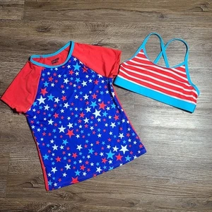 Lands End 2 Piece Bikini Top & Rash-guard Swim Set; Girls Size 7 Red White Blue - Picture 1 of 10