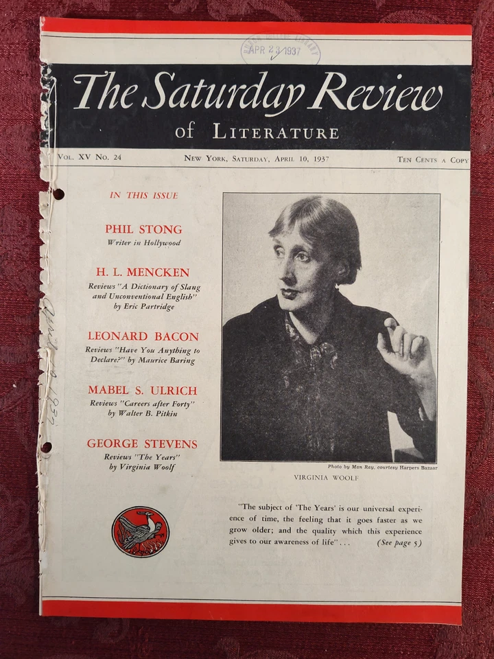 Saturday Review April 10 1937 VIRGINIA WOOLF PHIL STONG H L MENCKEN - Image 1 of 1