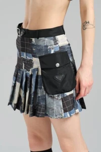 "Side Pocket Mini Patchwork Pleated Designer Skirt - Boho Chic High-Waist Skirt" - Picture 1 of 6