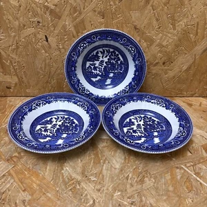 3 Vintage Alfred Meakin Old Willow Blue & White Rimmed Cereal Dessert Bowl 16.5c - Picture 1 of 7
