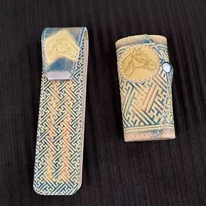 Vtg Handmade Mongolian Leather Fold Key & Pen Holder Set Embossed Horse Detail - Picture 1 of 6