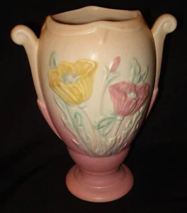 Vaso floreale vintage anni 40 scafo USA arte ceramica papavero 606-6 1/2 rosa manico fiore - Foto 1 di 5