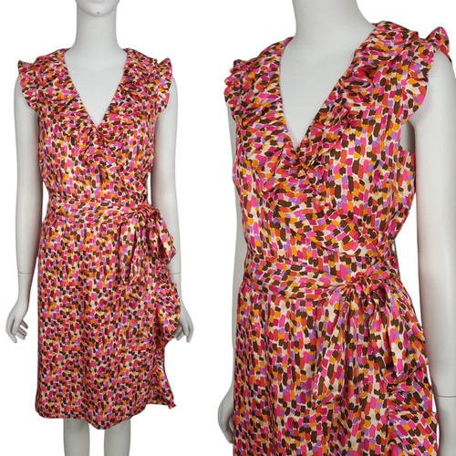 Abito Kate Spade Aubrey avvolgente 6 rosa marrone stampa astratta seta senza maniche volant