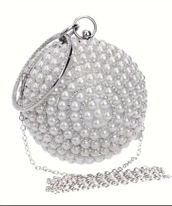 Luxury Rhinestone Ball Evening Bag . Elegant Beaded Faux Pearl Clutch Purse - Picture 1 of 5