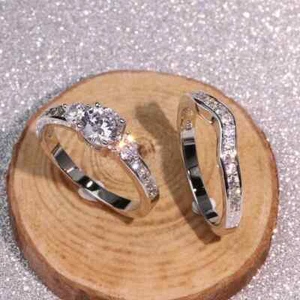 Juegos de anillos de boda de compromiso de plata de ley 925 con circonitas de cristal para mujer y hombre - Imagen 1 de 8
