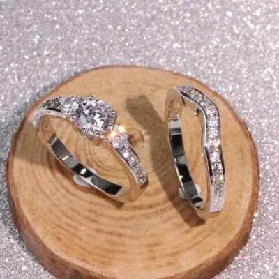 925 Sterling Silver Crystal Zircon Rings Womens Men Engagement Wedding Ring Sets - Image 1 of 4