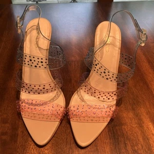 Bebe High Heel Rhinestone Clear Plastic Pink Blue Strap Dress Shoes - Size 7.5 - Picture 1 of 11
