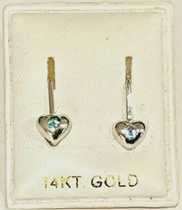 New 14k White Gold Baby Heart Earrings w/Aquamarine Stones - Picture 1 of 2