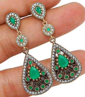 Ottoman Empire Style 8CT Treated Emerald 925 Sterling Silver Earrings S3-2 - Image 1 of 2