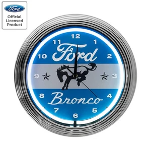 Ford Bronco White & Blue Light Up Neon Garage Man Cave Wall Clock w/ Chrome Trim - Bild 1 von 3