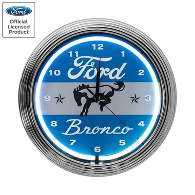 Reloj de Pared Ford Bronco Blanco y Azul Iluminado Neón Garaje Hombre Cueva con Borde Cromado Foto 1 de 3