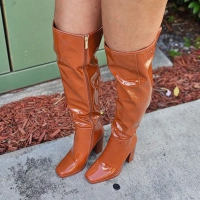 Женские желтовато-коричневый бедра выше колена ботинки коренастый каблук - Изображение 1 из 4