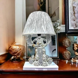Silber geschliffene Diamantstich Tischlampe mit Schirm Keramikfuß Wohndeko - Bild 1 von 14
