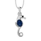 7X5mm Oval Shape Blue Sapphire 925 Sterling Silver Seahorse Fish Women Necklace
