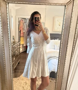 Antonio Melani V Neck A-Line Midi Dress White Waffle Size 0 3/4 Sleeve - Picture 1 of 8