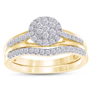 1/2 CT. T.W. CERTIFIED Diamond Cluster Frame Bridal Set in 10K Yellow Gold - Picture 1 of 17
