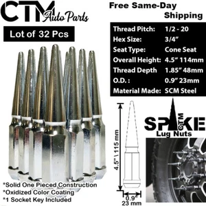 32x 4.5" TALL CHROME 1/2-20 SOLID SPIKE LUG NUT+KEY FIT OLD F250/F350/RAM1500VAN - Picture 1 of 2