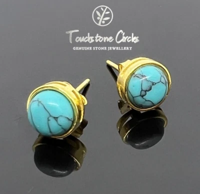 Turquoise Stud Earrings 7mm Wide Gold on 925 Sterling Silver Real Cabochon Stone - Image 1 of 4
