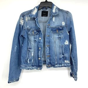 Zara Denim Jacket Womens Size Medium Blue Jean Distressed Button Down - Picture 1 of 10