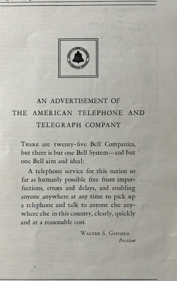 American Telephone & Telegraph Co 1927 Walter S Gifford Pres Bell anuncio impreso de colección Foto 1 de 1
