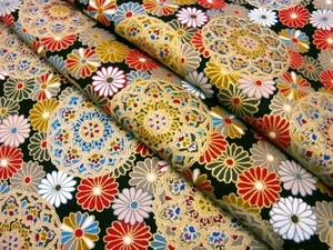 m009_Japanese Cotton Fabric,Kikumandara,Black,Gold,Fat Quarter - Picture 1 of 6