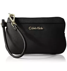 Calvin Klein Saffiano Wristlet Black Vegan Leather Zip Wallet Pouch Mini Bag - Picture 1 of 10