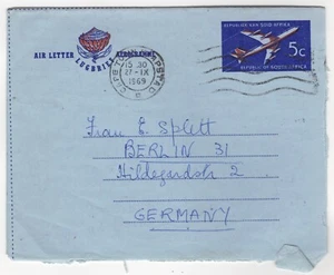1969 Sep 27th. Aerogramme. Cape Town to Berlin, Germany. - Picture 1 of 2