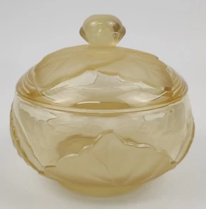 Viking Glass Yellow Satin Cabbage Leaf Covered Candy Dish Compote Bowl Lid Vtg - Picture 1 of 8
