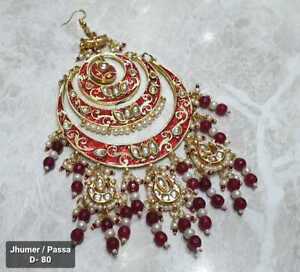 Indian Kundan Gold Plated Bridal Jhoomar Passa Bollywood Head Jewelry Red Meena