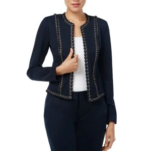 MICHAEL KORS NEW Women's Navy Lace-up Genuine-leather-trim Jacket Top 10 TEDO - Picture 1 of 2