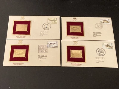 Set 4no 1983 FDC 22ct Gold Leaf Replica Stamps Celebrating British River Fishes - Image 1 of 4