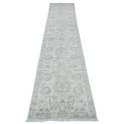 2'5"x11'7" White Wash Peshawar Leaf Design Hand Knotted Wool Runner Rug G20502 - Image 1 of 4