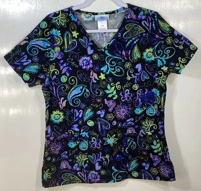 Scrub Top womens size S small Flowers Hearts Love Care Hope Heal glow black blue - Image 1 of 3